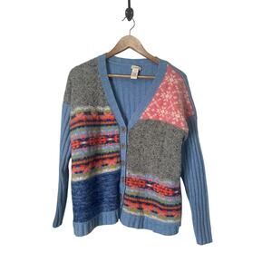 Sundance Purely Patchwork Cardigan Sweater Womens Small Blue Lambswool Knit